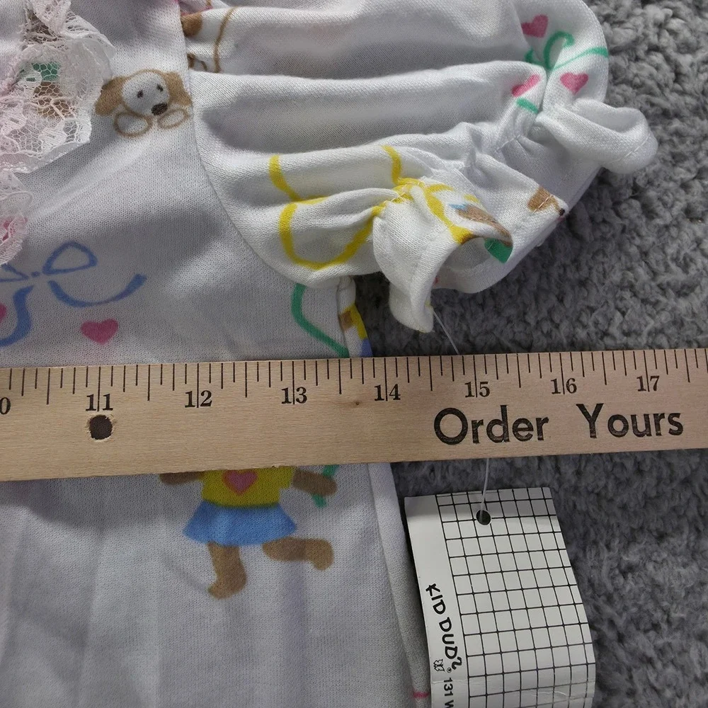 Kid Duds Vintage Girls Nightgown Size 6 White Bear Puppy Lace Ruffle 90s